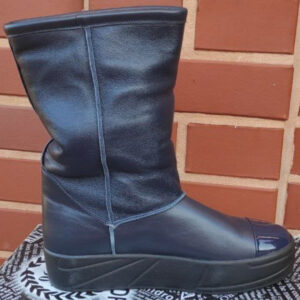 Сині шкіряні зимові жіночі чоботи з хутром
